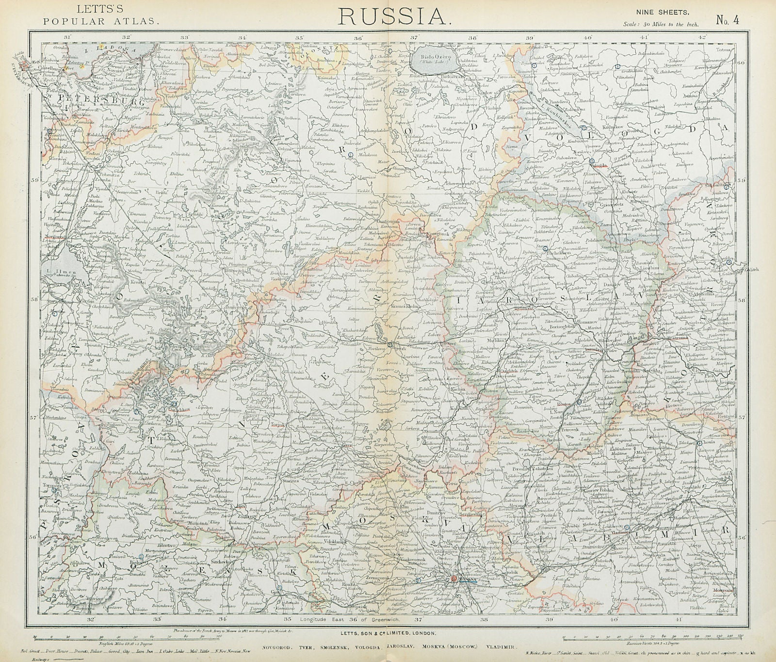 RUSSIA Moscow-St Petersburg. Novgorod Smolensk Vologda Iarolslav LETTS 1883 map